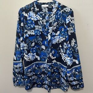 Calvin Klein Button Up Roll Tab Sleeve Blouse, V-Neck, Black/Blue/White EUC